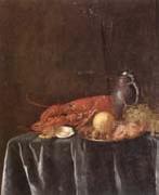 Pieter Gijsels Still life of a lemon,hazelnuts and a crab on a pewter dish,together with a lobster,oysters two wine-glasses,green grapes and a stoneware flagon,all u oil painting on canvas